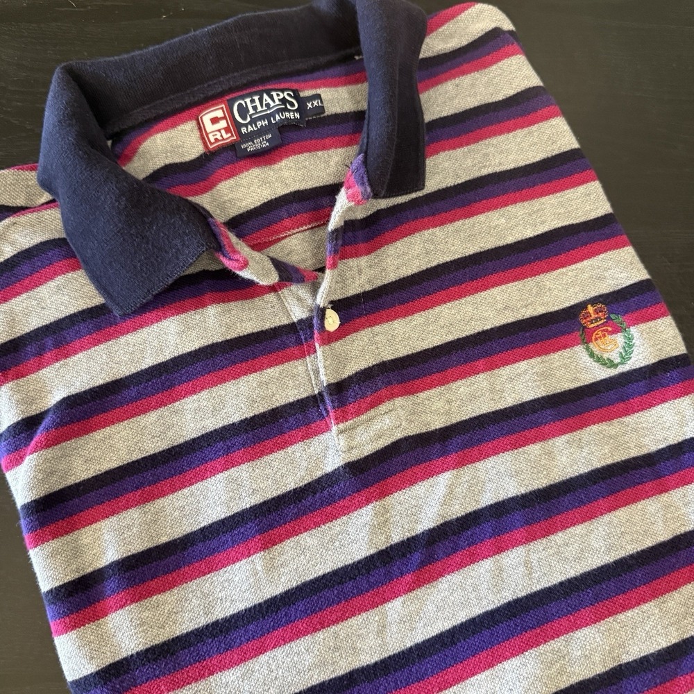 Vtg Chaps Ralph Lauren Polo Shirt XXL Tall Striped Preppy Purple Pink Crest Prep